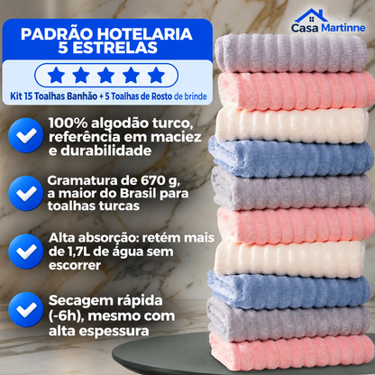 Kit Toalhas Premium Algodão Turco | Kit 15 Banhão + 5 Rosto (BRINDE)
