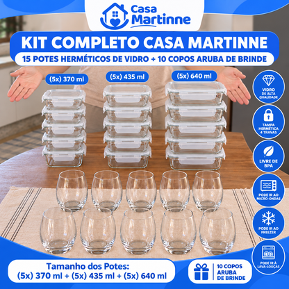 Kit PotesPlus Premium | 15 Potes Herméticos de Vidro +10 Copos Aruba de Brinde