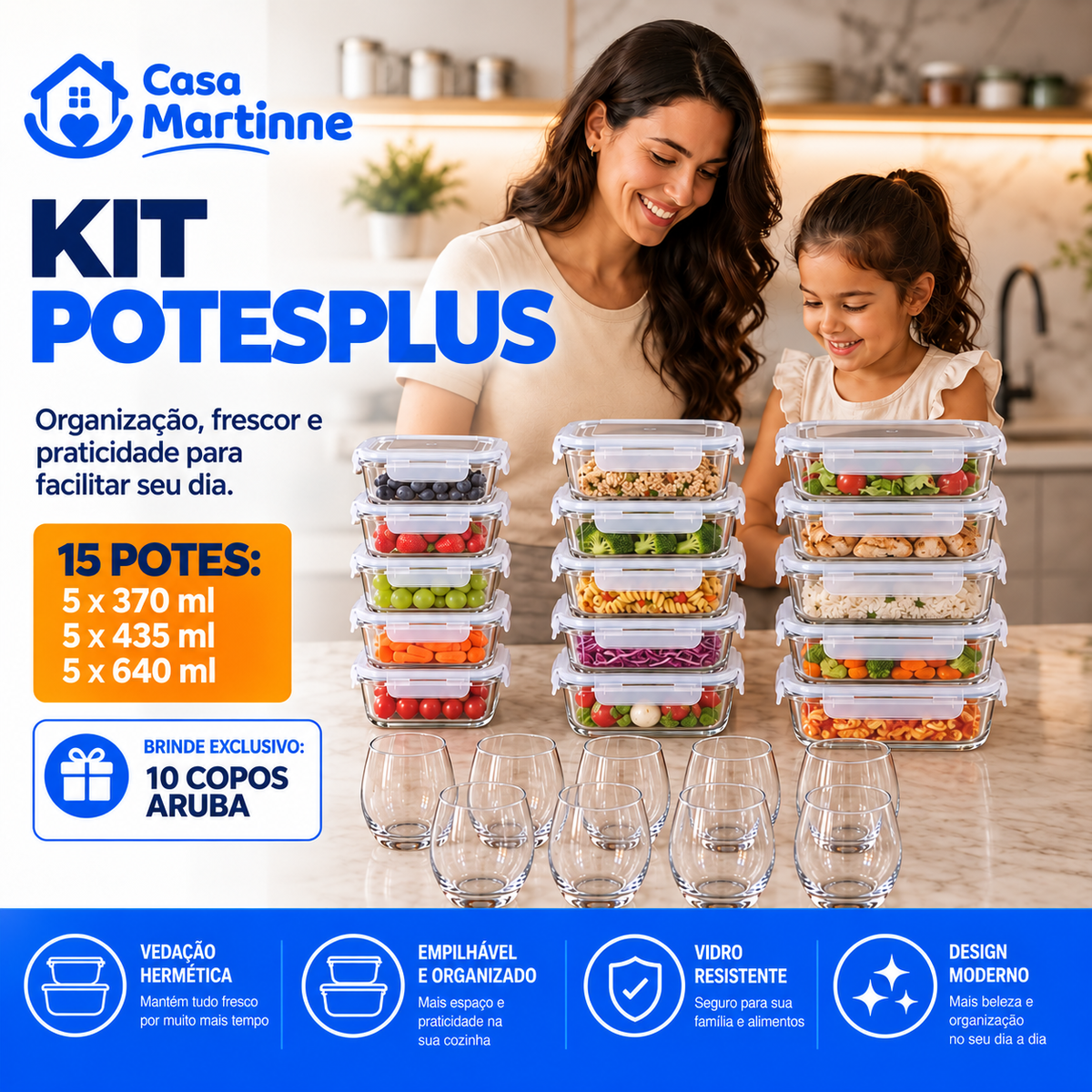 Kit PotesPlus Premium | 15 Potes Herméticos de Vidro +10 Copos Aruba de Brinde