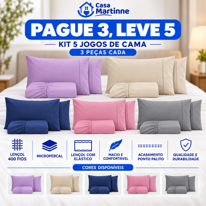 PAGUE 3 LEVE 5 — Kit 5 Jogos de Cama 3 Peças, Lençol 400 Fios com Elástico