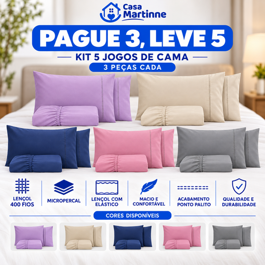 PAGUE 3 LEVE 5 — Kit 5 Jogos de Cama 3 Peças, Lençol 400 Fios com Elástico